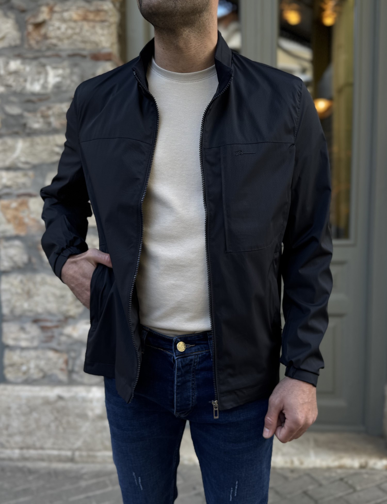 Ανδρικό μπλε με καρό σχέδιο ελαφρύ μπουφάν D8100B